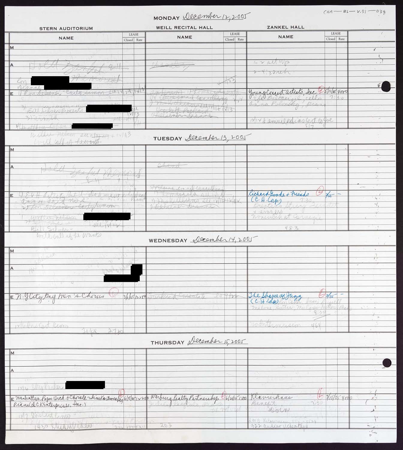 Carnegie Hall Booking Ledger, volume 51, page 34