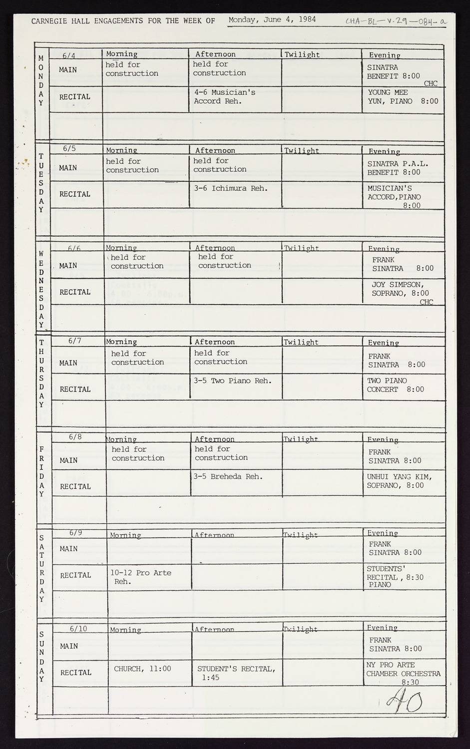 Carnegie Hall Booking Ledger, volume 29, page 84a