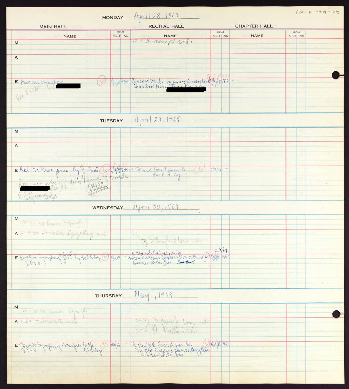 Carnegie Hall Booking Ledger, volume 14, page 70