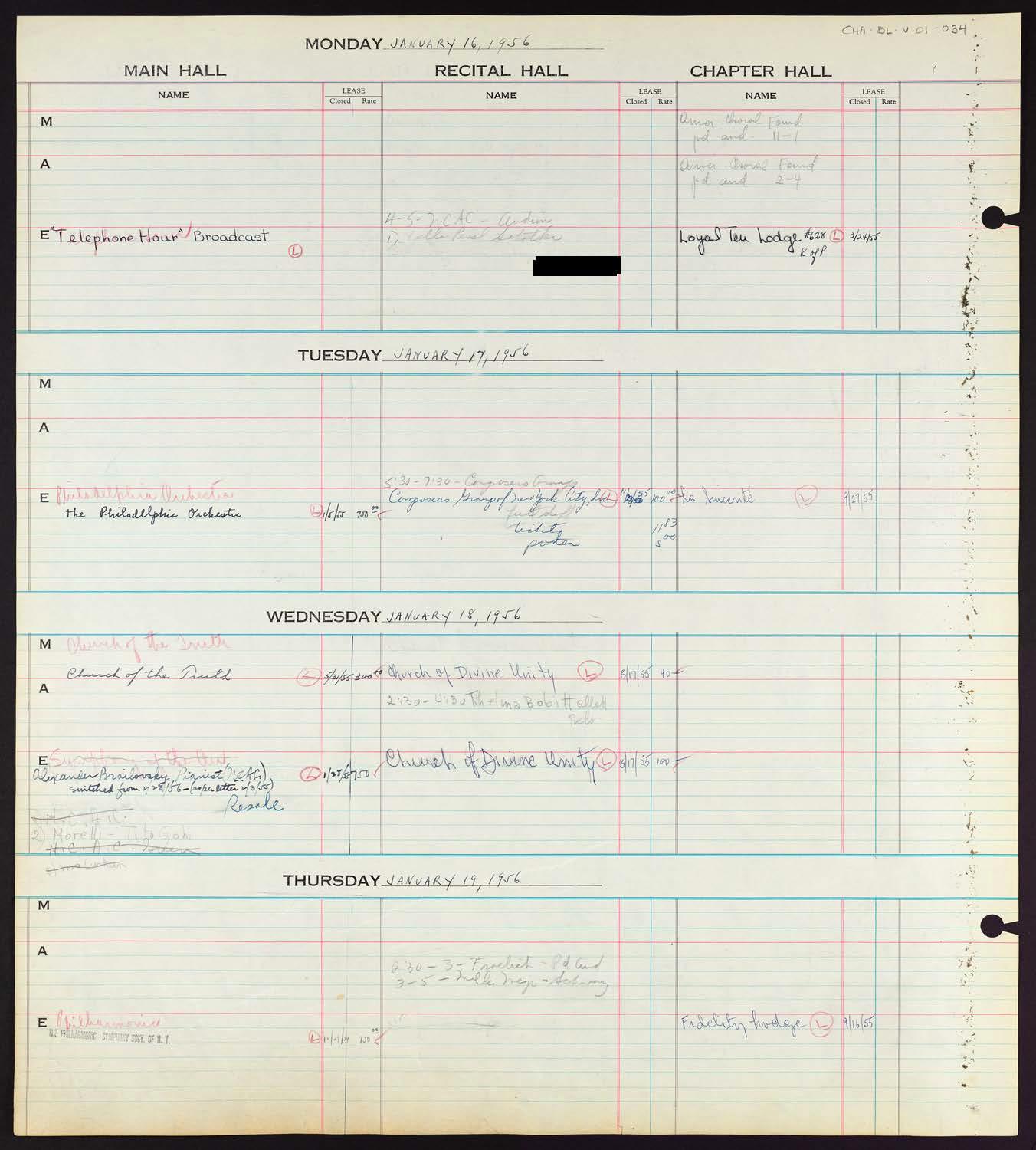 Carnegie Hall Booking Ledger, volume 1, page 34