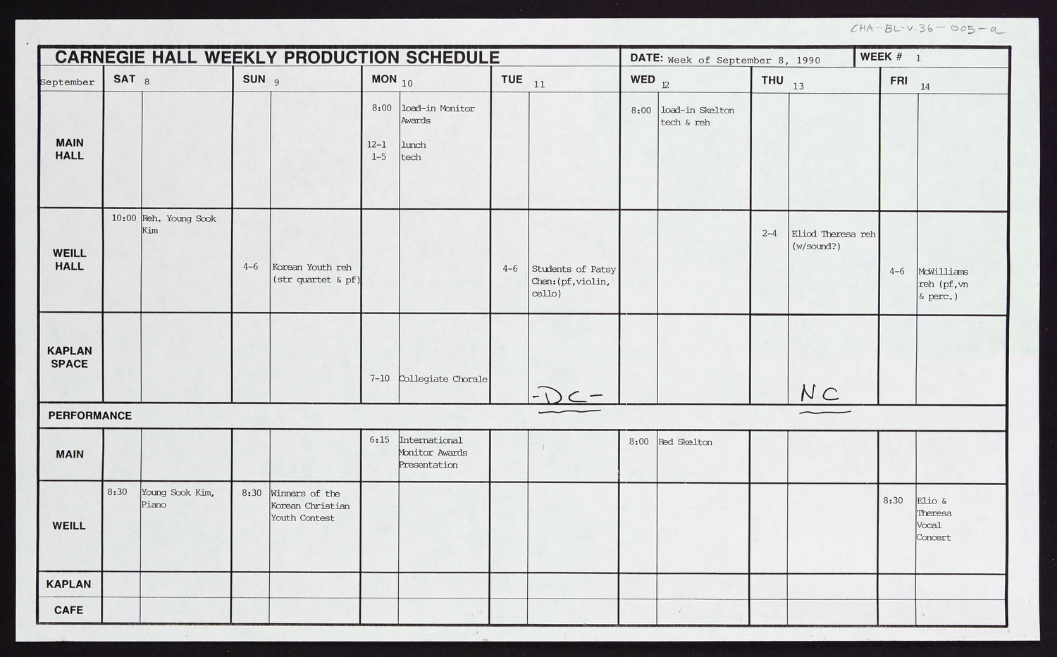 Carnegie Hall Booking Ledger, volume 36, page 5a