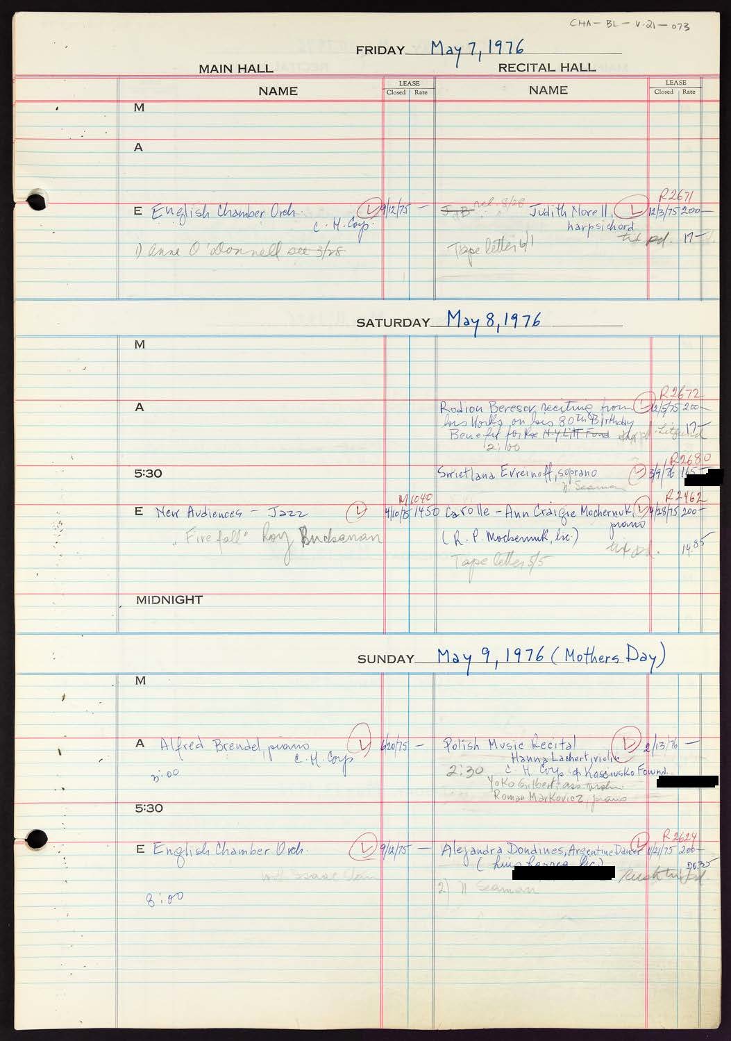 Carnegie Hall Booking Ledger, volume 21, page 73