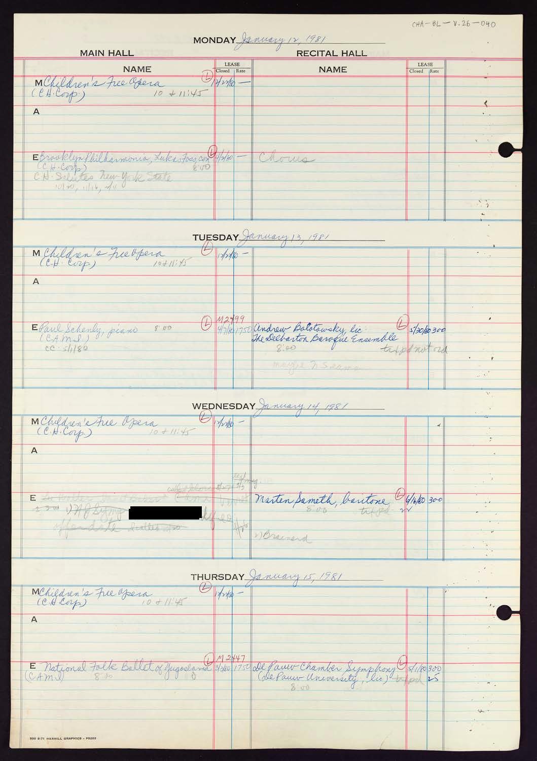 Carnegie Hall Booking Ledger, volume 26, page 40