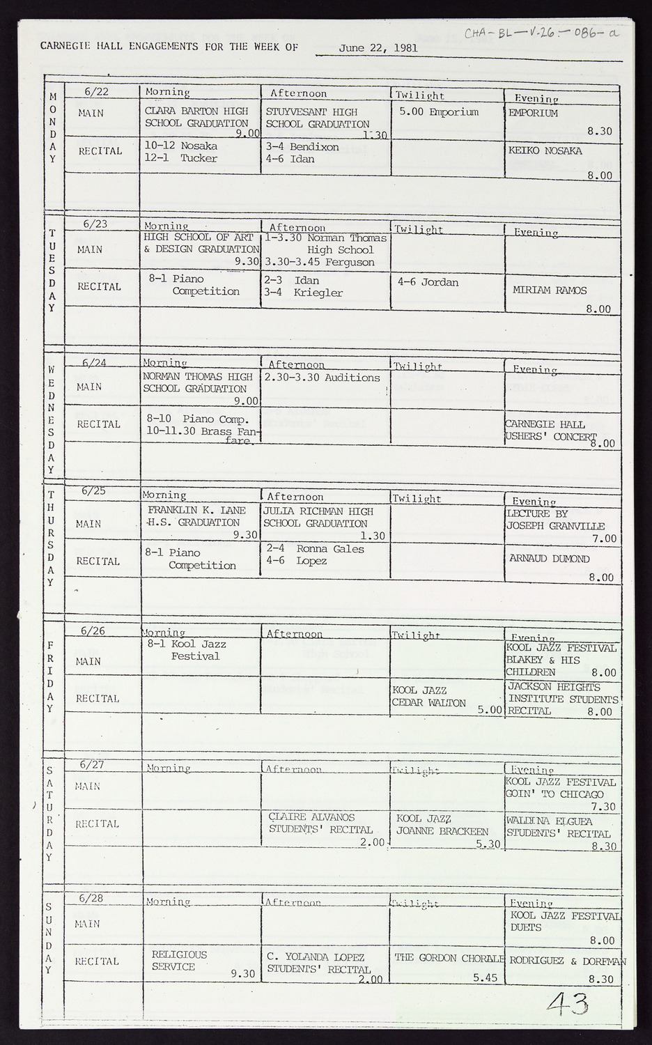 Carnegie Hall Booking Ledger, volume 26, page 86a