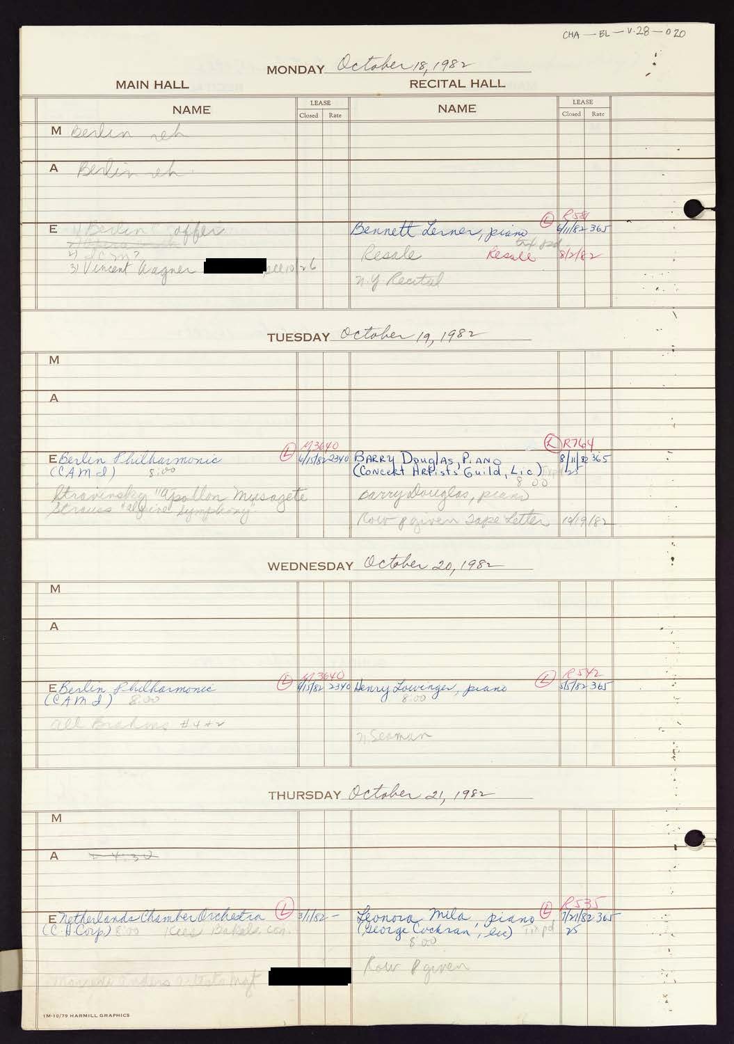 Carnegie Hall Booking Ledger, volume 28, page 20