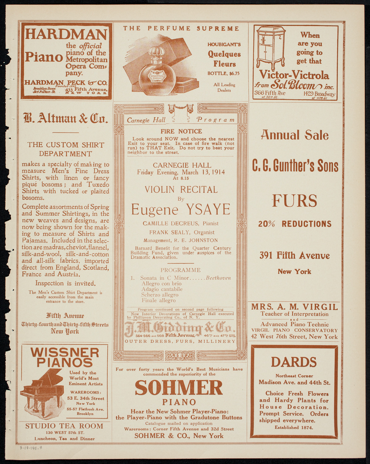 Eugène Ysaÿe, Violin, March 13, 1914, program page 5
