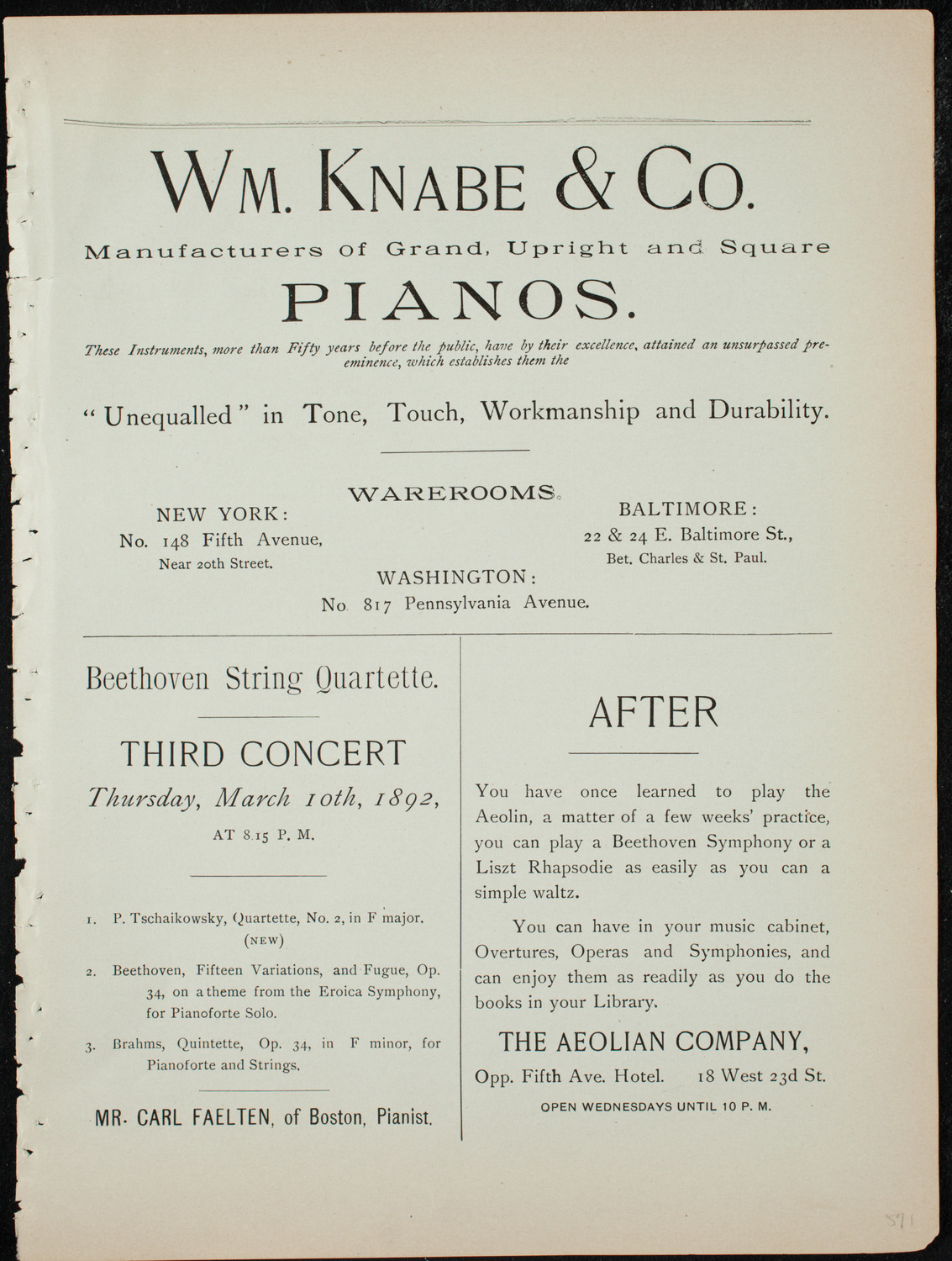 Beethoven String Quartet, January 14, 1892, program page 3