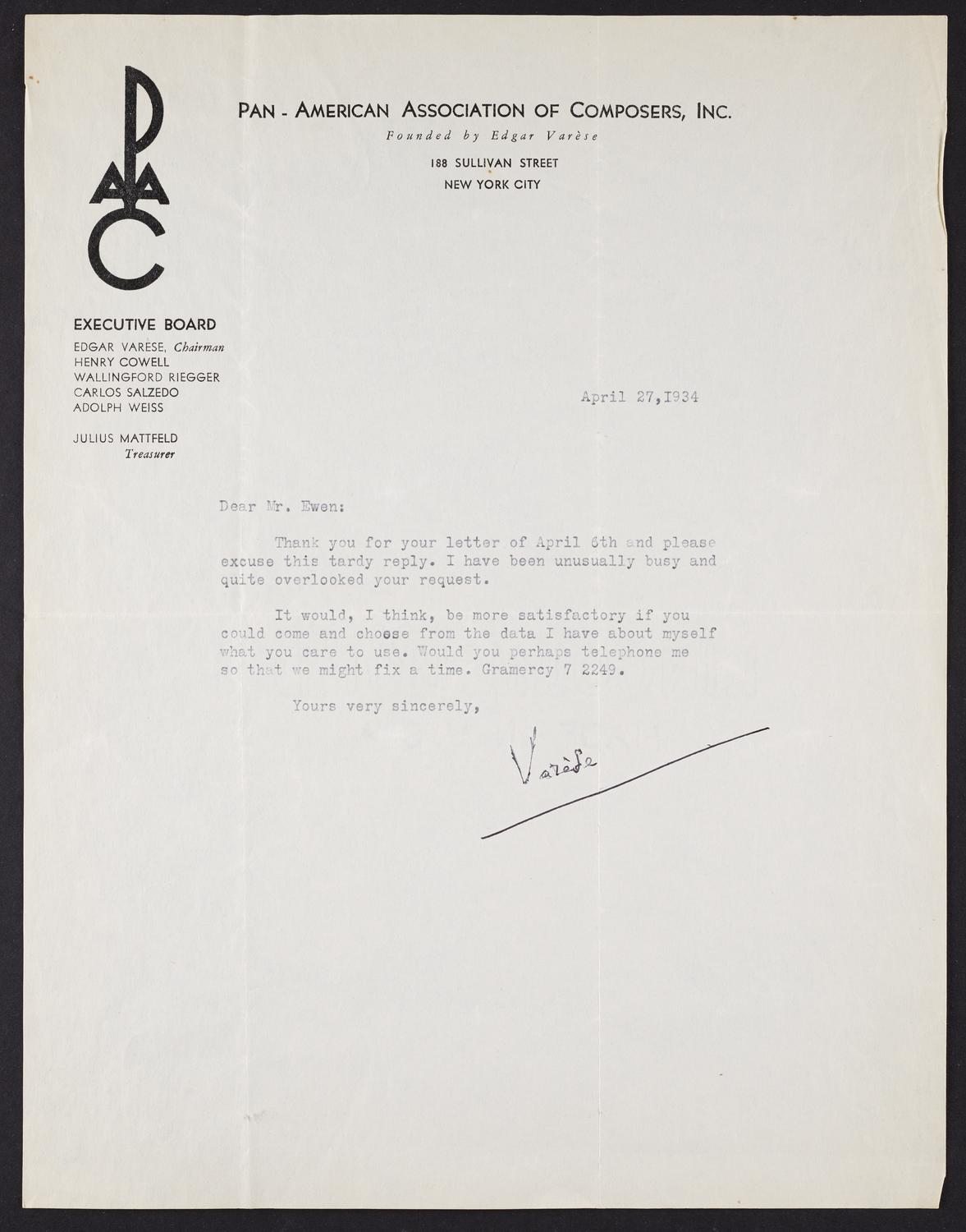 Correspondence from Edgar Varese to David Ewen