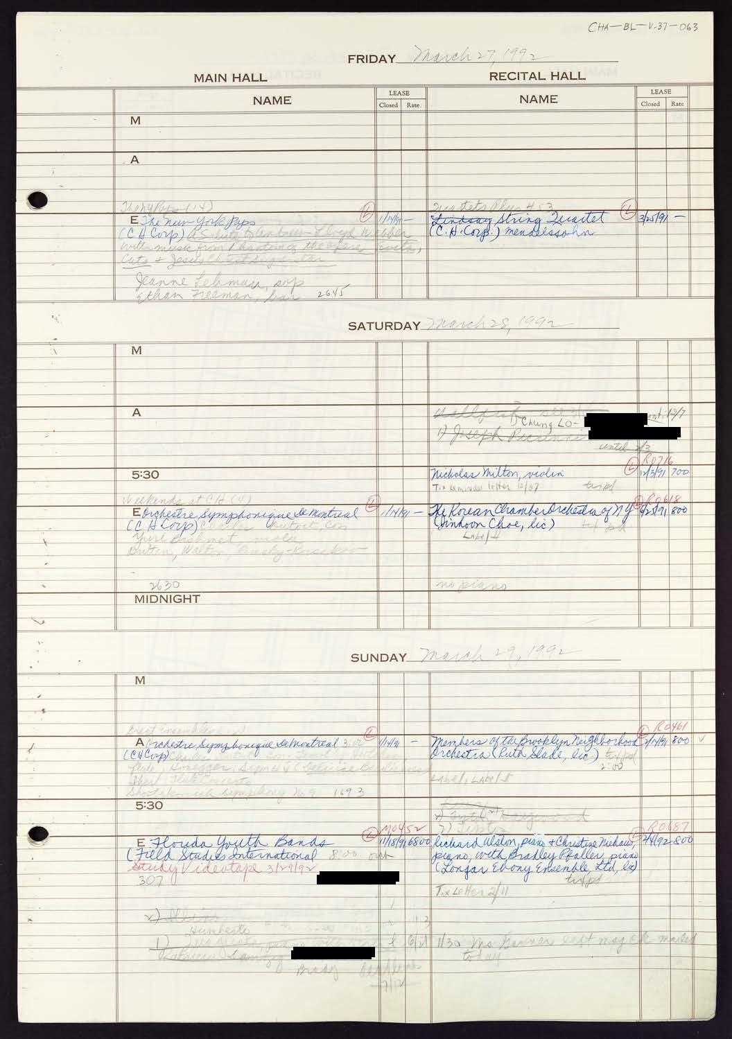 Carnegie Hall Booking Ledger, volume 37, page 63