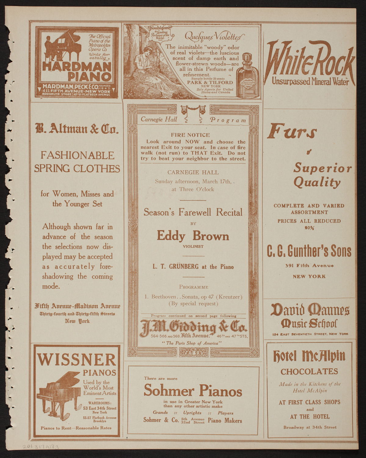 Eddy Brown, Violin, March 17, 1918, program page 5