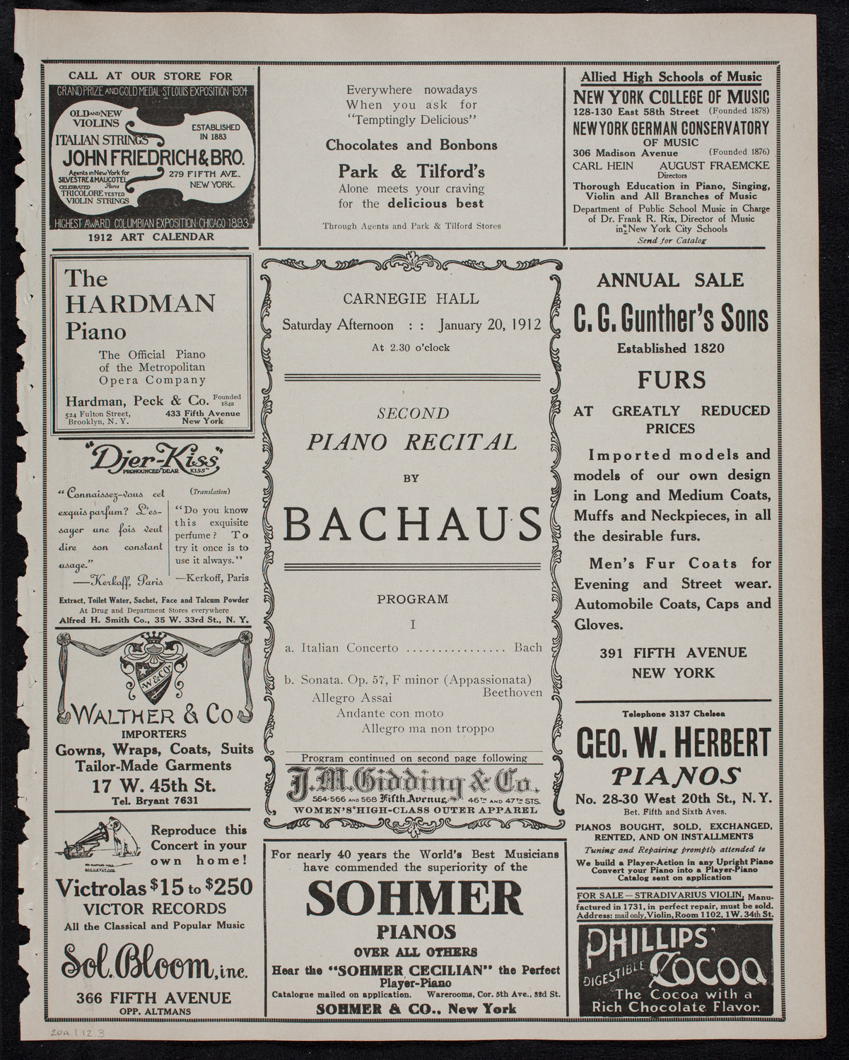 Wilhelm Backhaus, Piano, January 20, 1912, program page 5