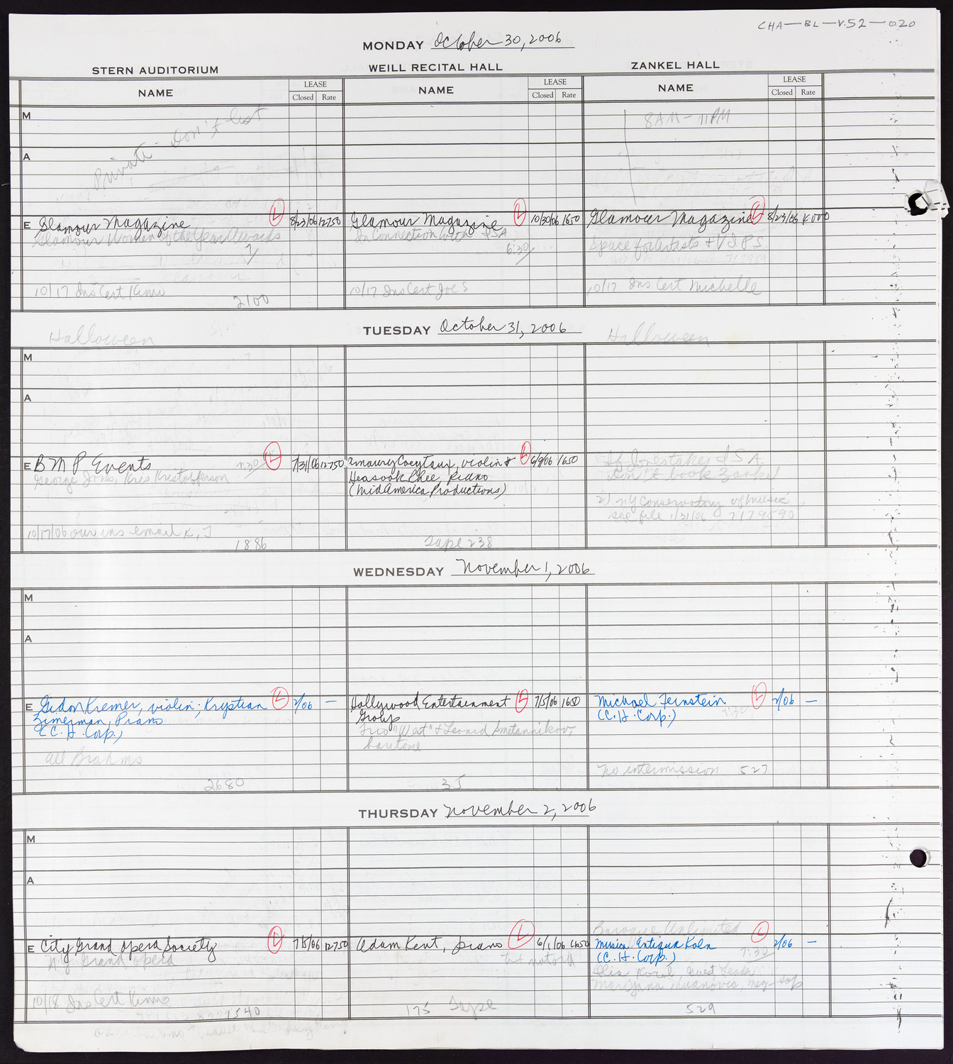 Carnegie Hall Booking Ledger, volume 52, page 20