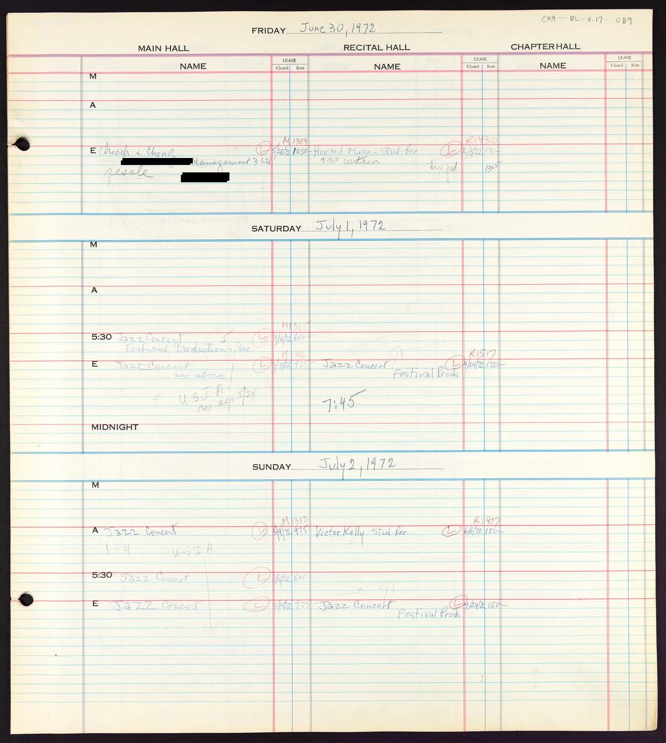 Carnegie Hall Booking Ledger, volume 17, page 89