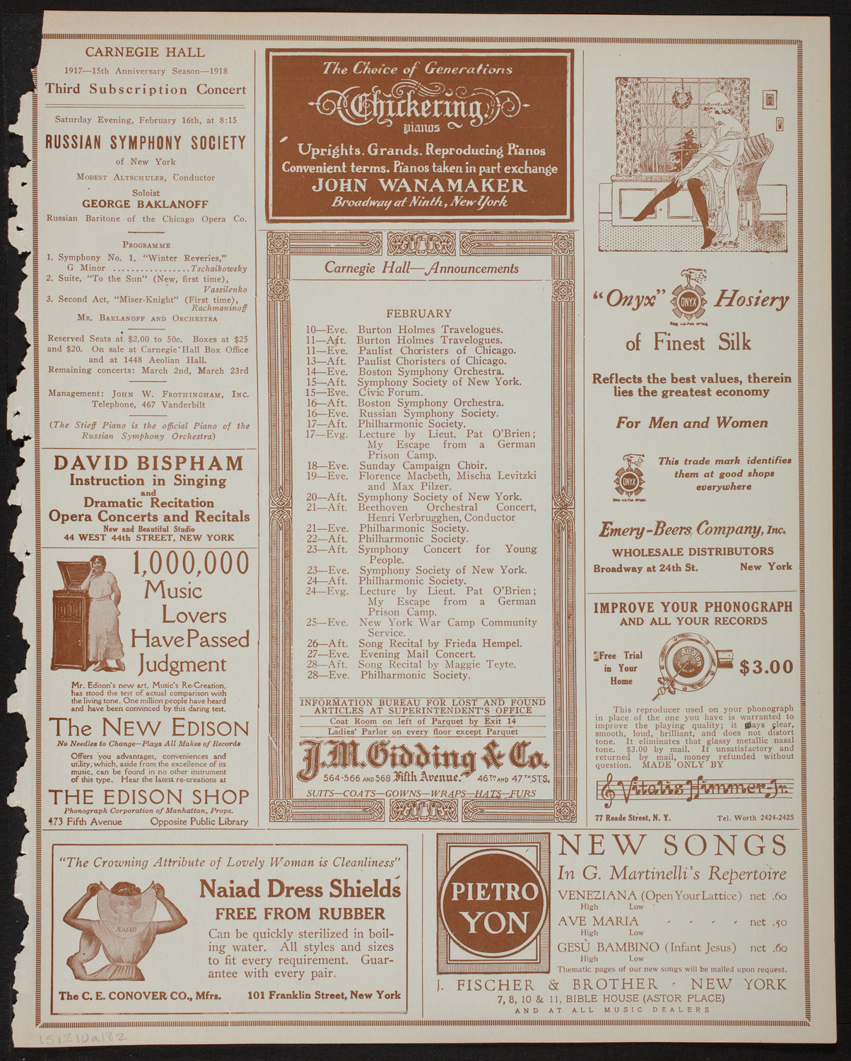 Giuseppe De Luca, Baritone, February 10, 1918, program page 3