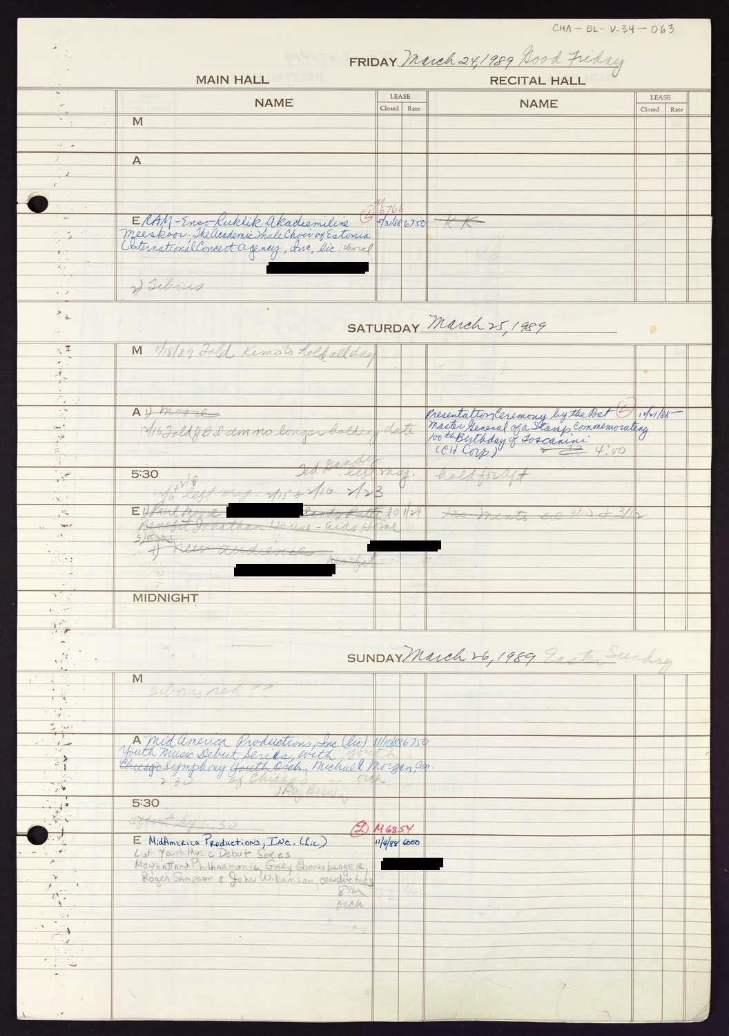 Carnegie Hall Booking Ledger, volume 34, page 63