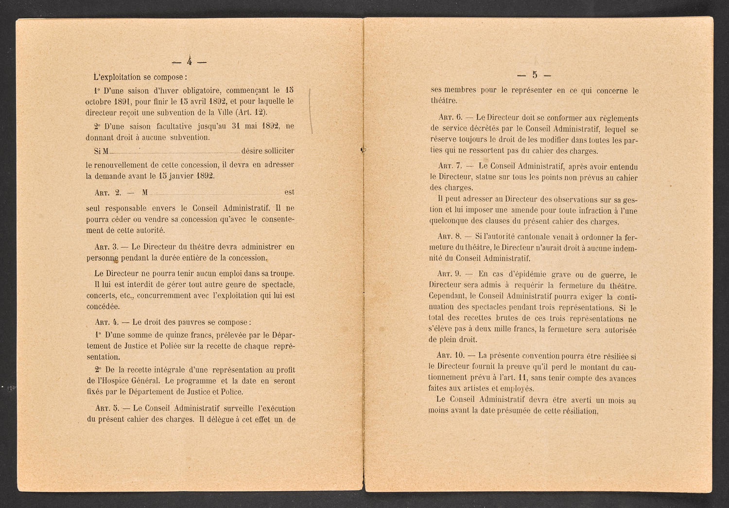 Convention et Cahier de Charges pour l'exploitation du Theatre de Genève (1891-1892), page 3 of 13