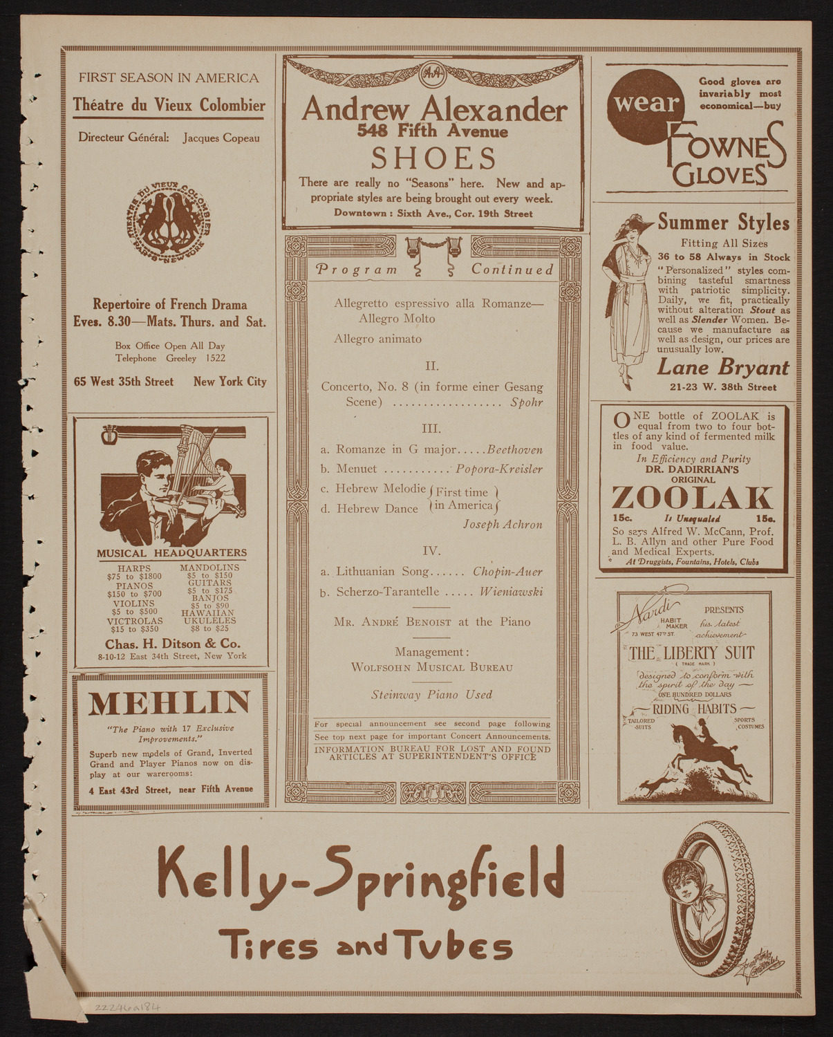 Jascha Heifetz, Violin, April 6, 1918, program page 7