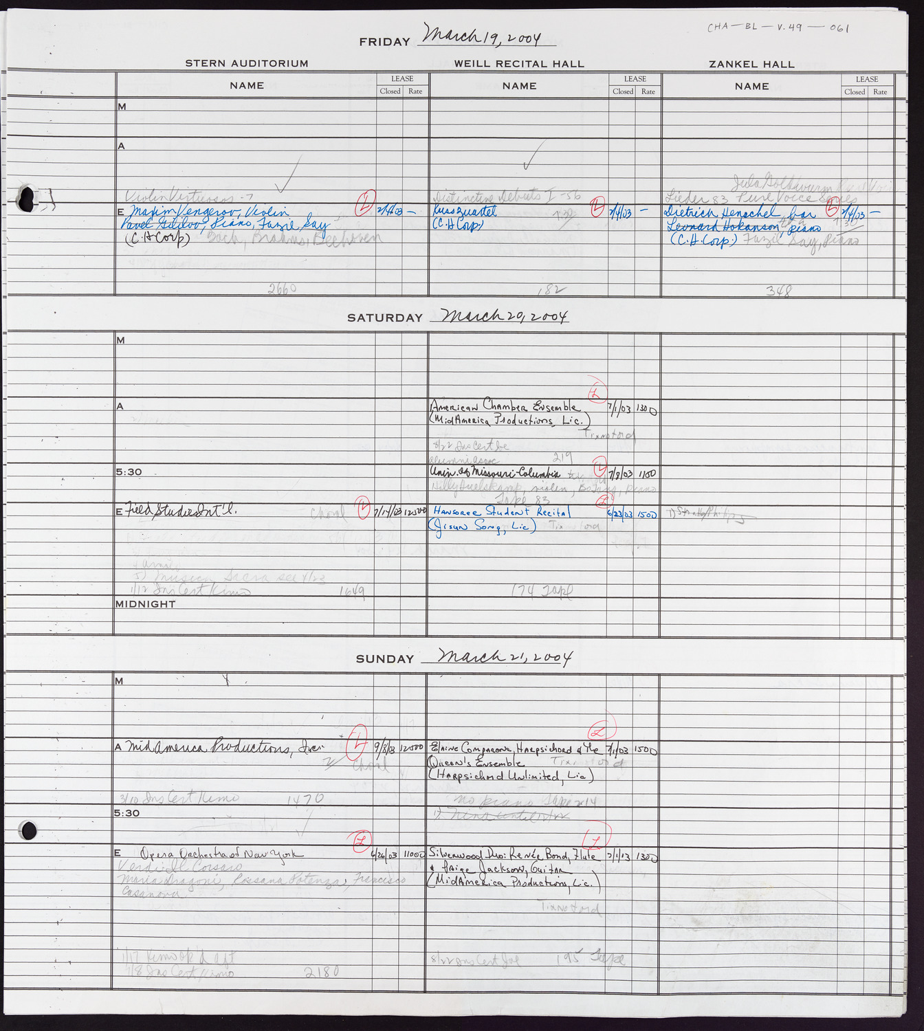 Carnegie Hall Booking Ledger, volume 49, page 61