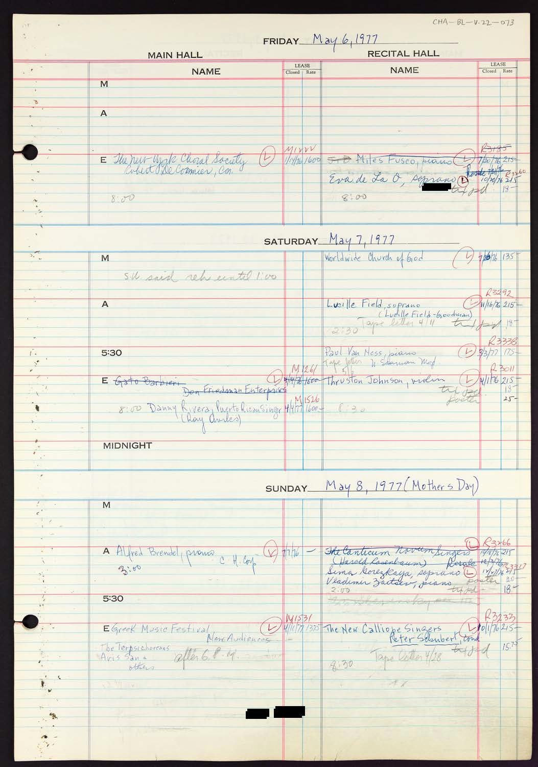 Carnegie Hall Booking Ledger, volume 22, page 73