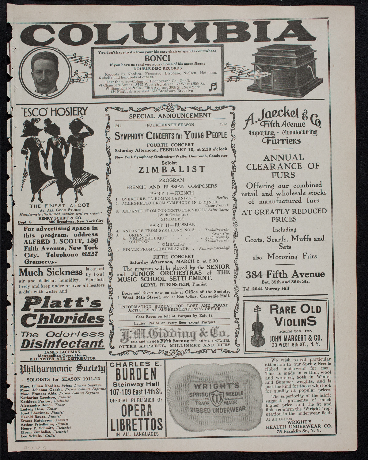 New York Philharmonic, January 18, 1912, program page 9