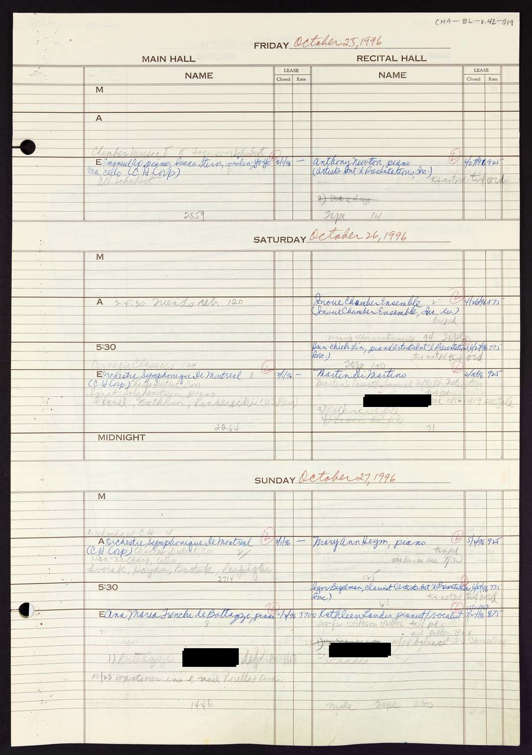 Carnegie Hall Booking Ledger, volume 42, page 19