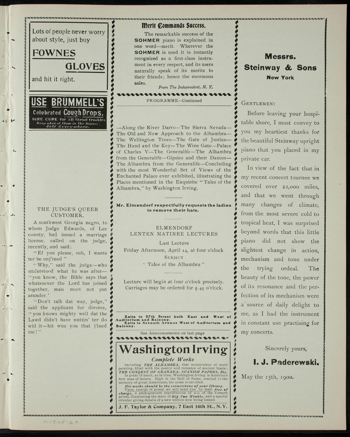 Elmendorf Lecture: Tales of the Alhambra, April 13, 1905, program page 3