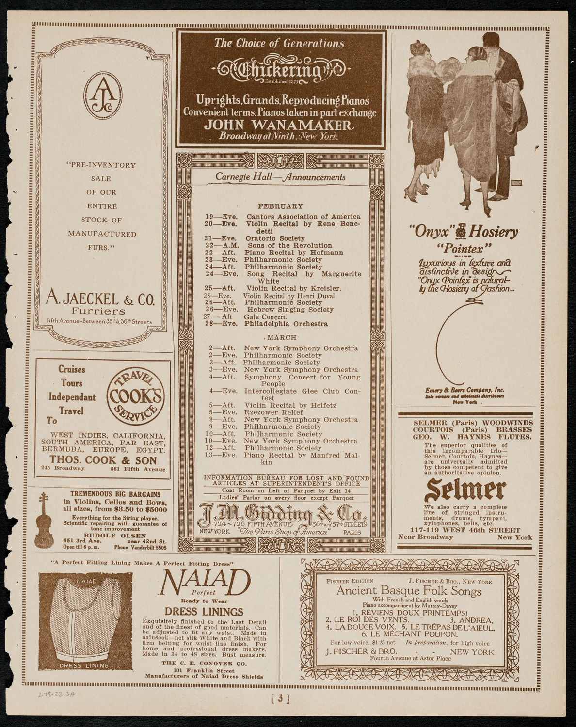 New York Philharmonic, February 19, 1922, program page 3