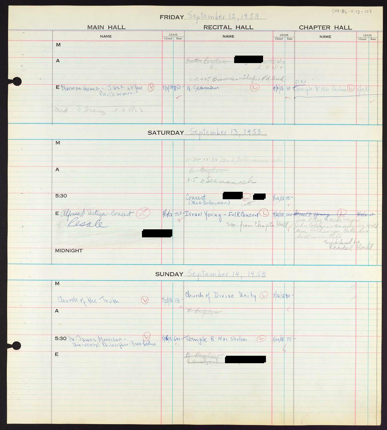 Carnegie Hall Booking Ledger, volume 3, page 103