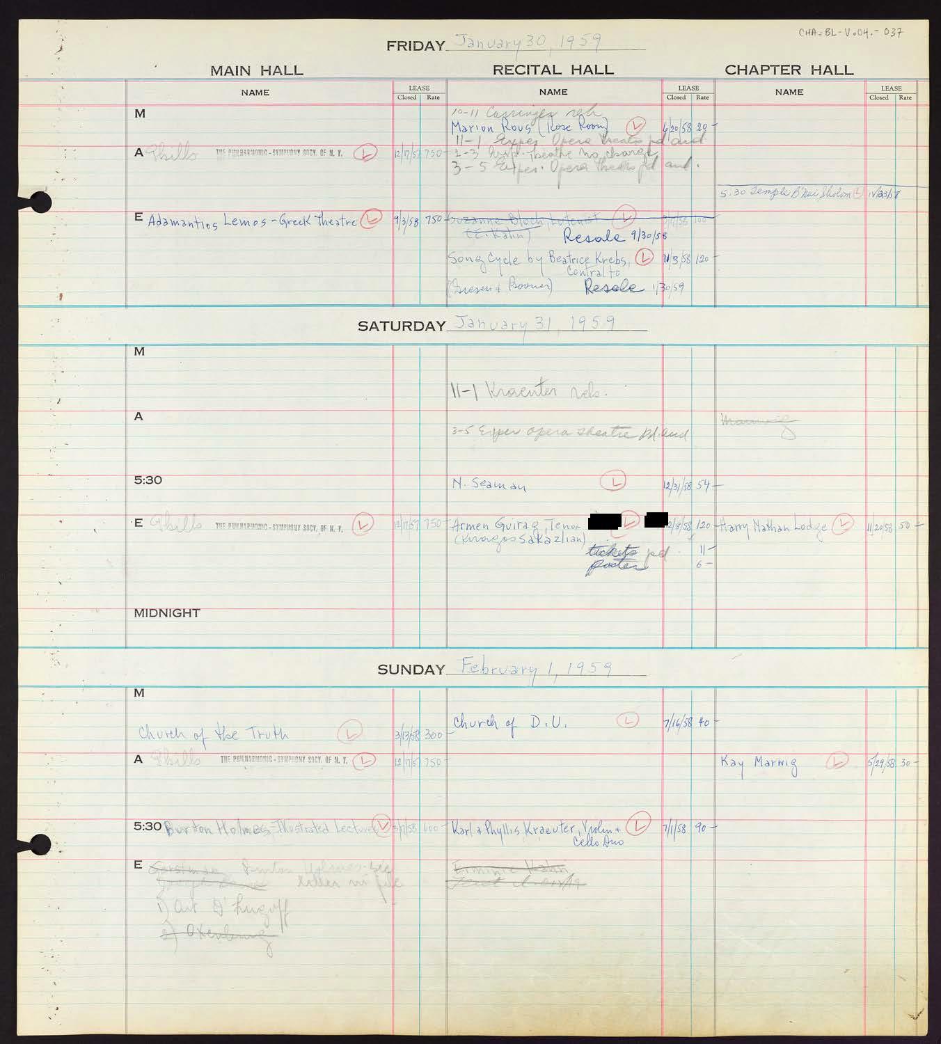 Carnegie Hall Booking Ledger, volume 4, page 37