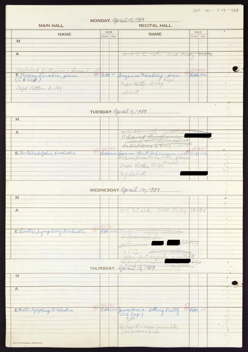 Carnegie Hall Booking Ledger, volume 34, page 68