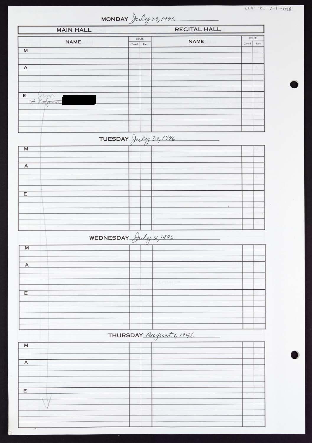 Carnegie Hall Booking Ledger, volume 41, page 98