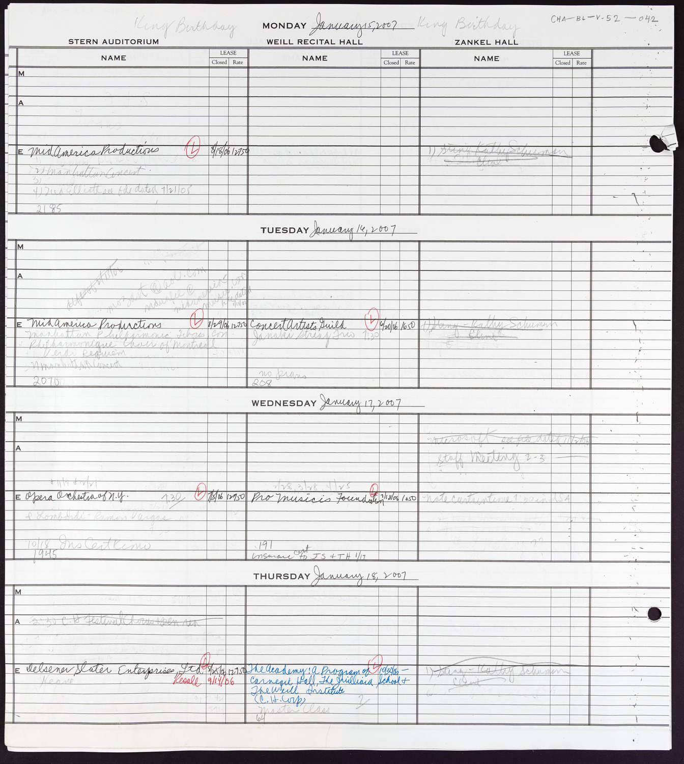 Carnegie Hall Booking Ledger, volume 52, page 42