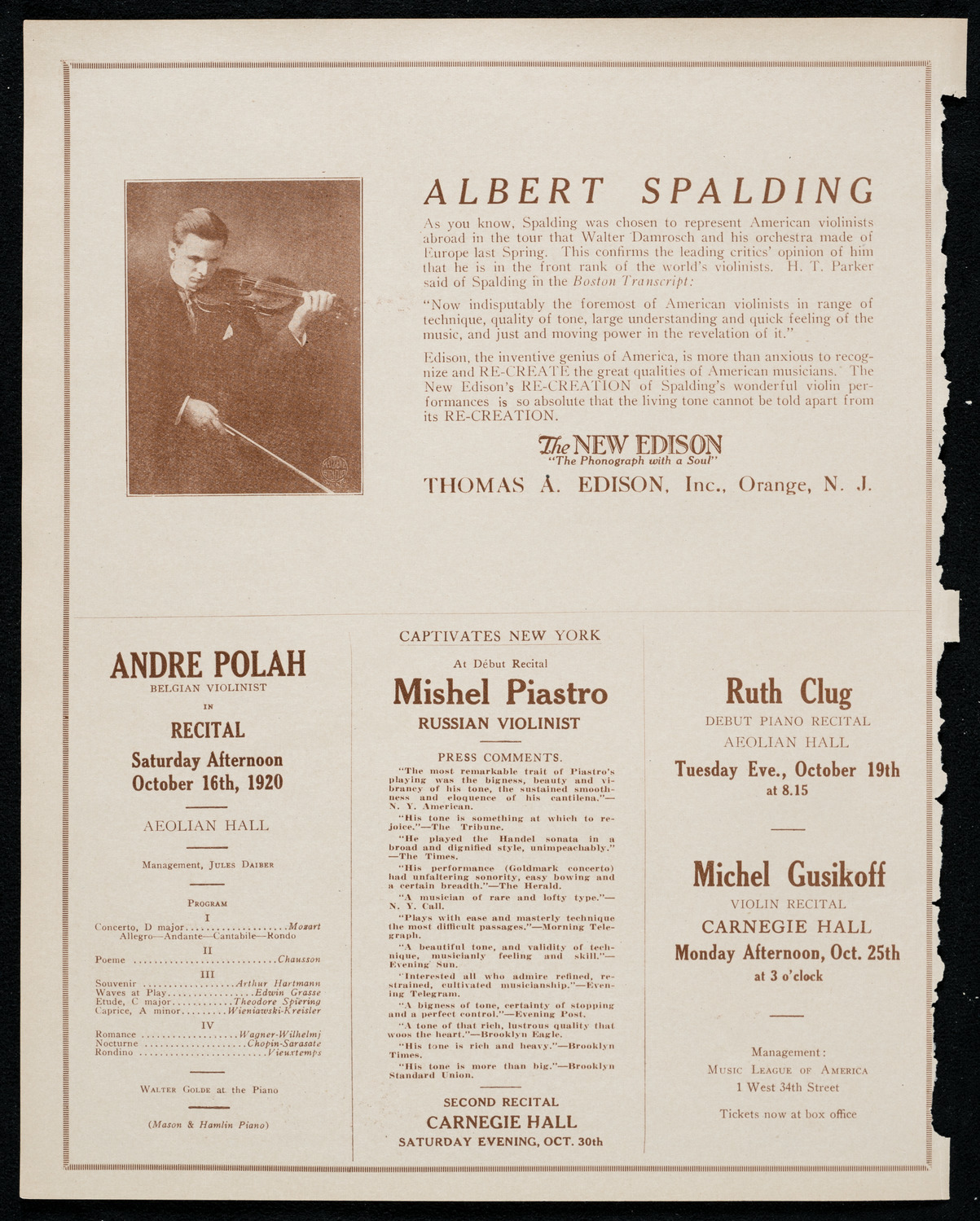 Amy Neill, Violin, October 14, 1920, program page 2