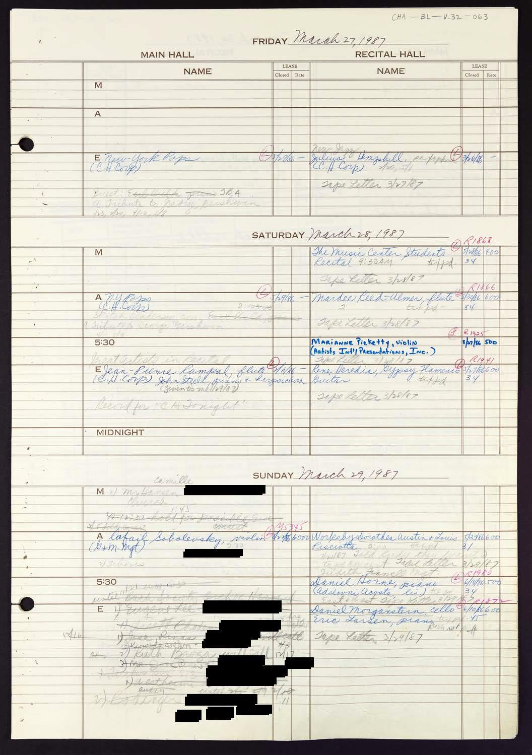 Carnegie Hall Booking Ledger, volume 32, page 63