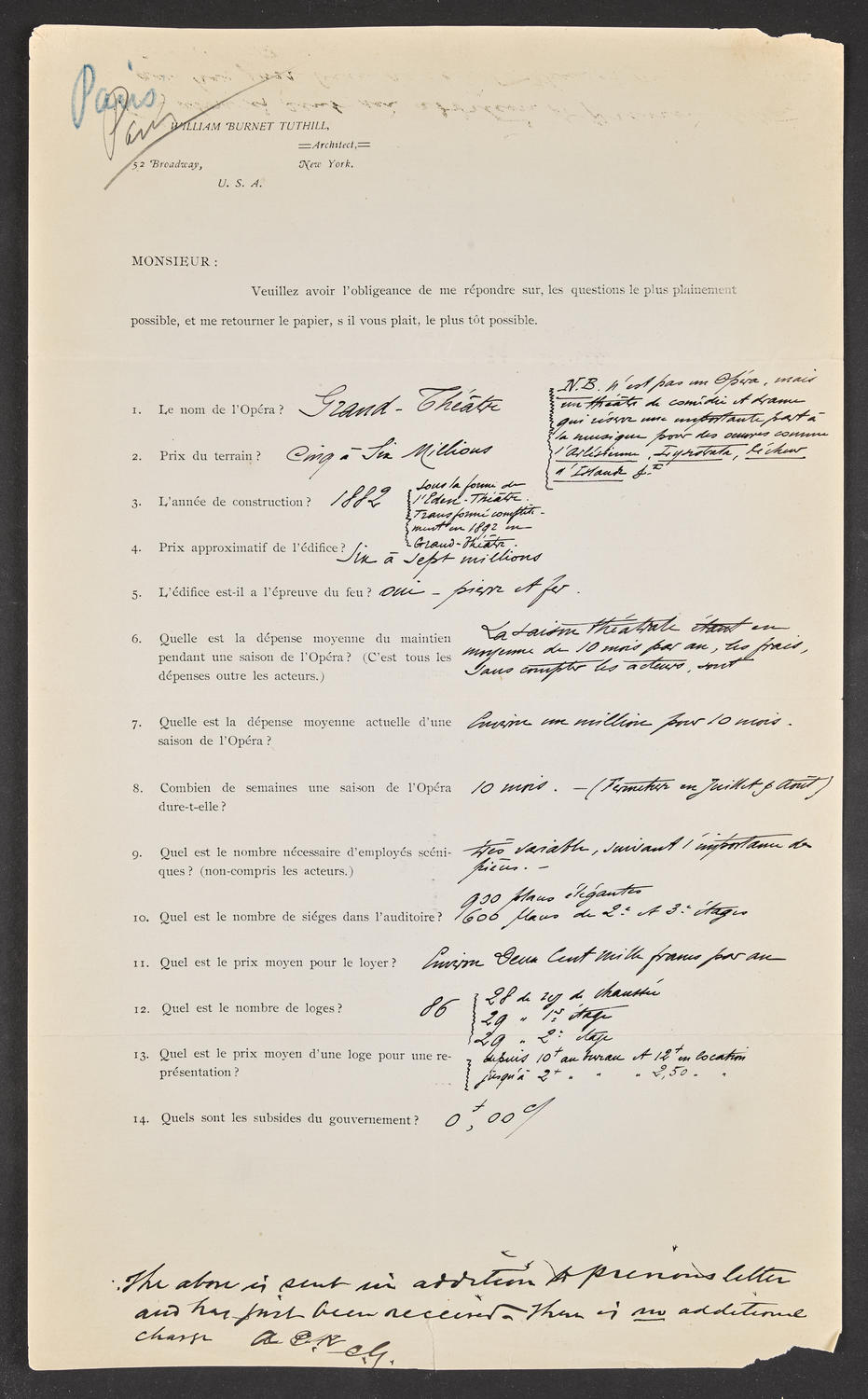 Questionnaire to Grand-Théâtre of Paris