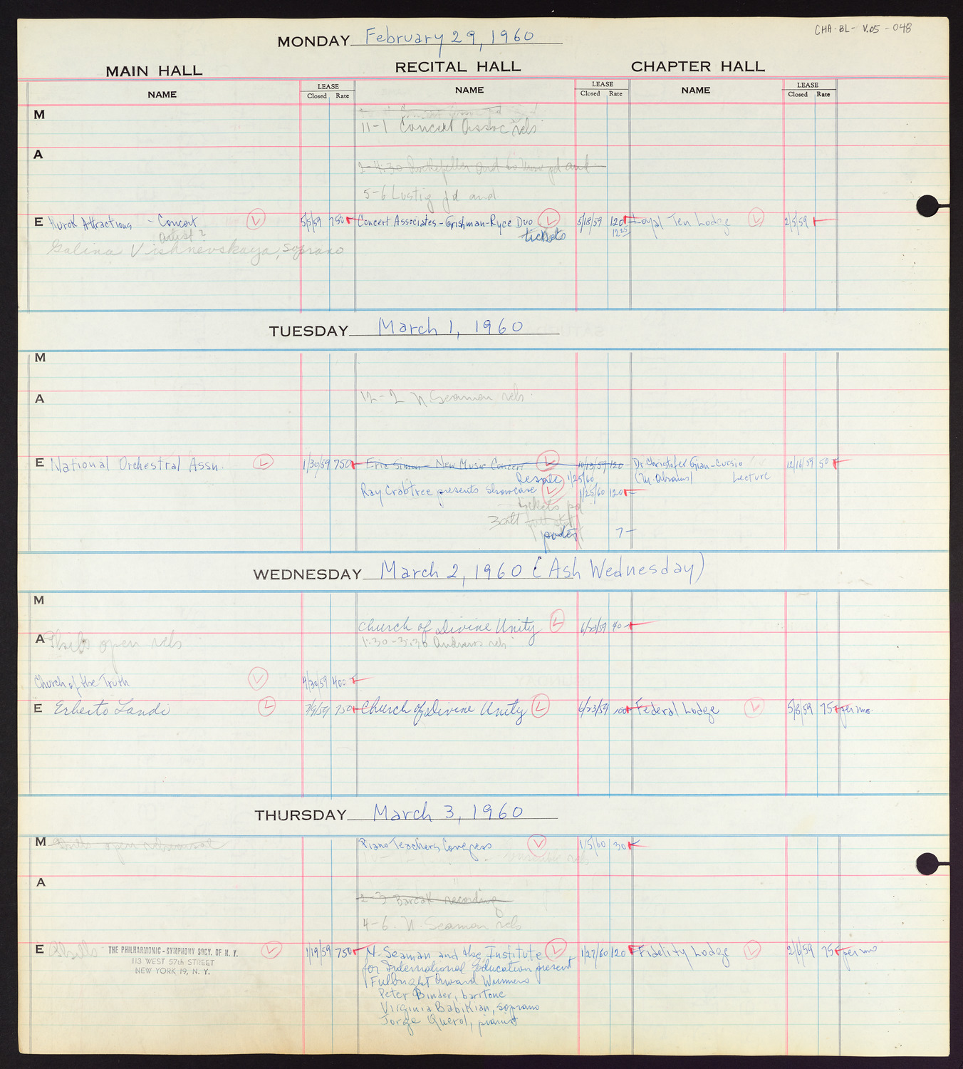 Carnegie Hall Booking Ledger, volume 5, page 48