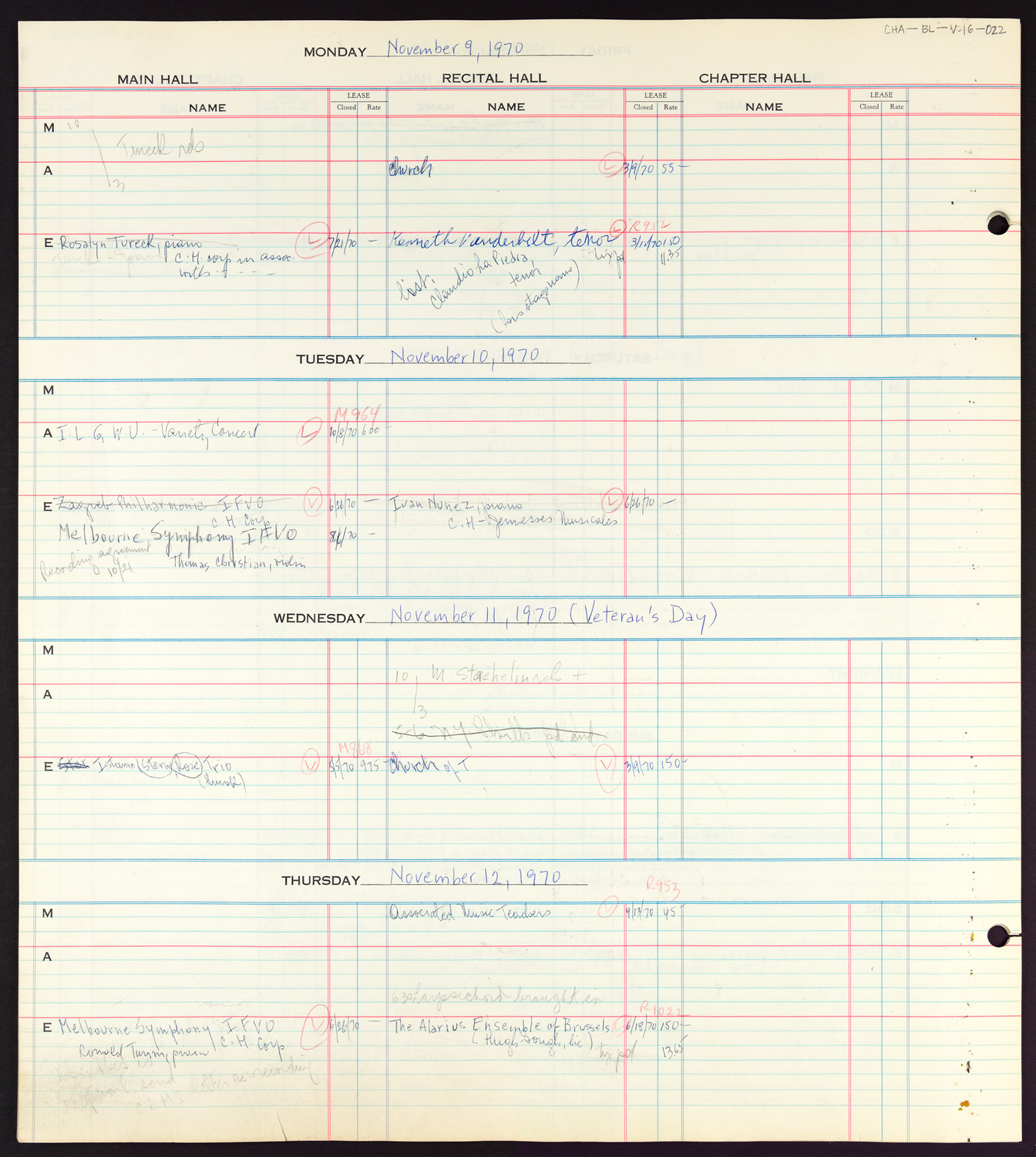 Carnegie Hall Booking Ledger, volume 16, page 22