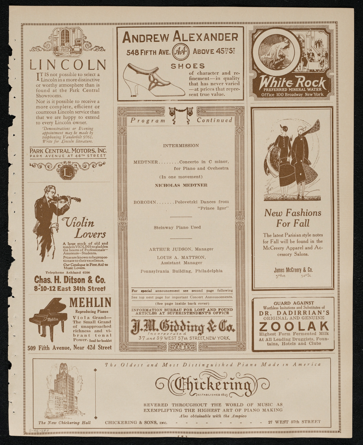 Philadelphia Orchestra, November 4, 1924, program page 7