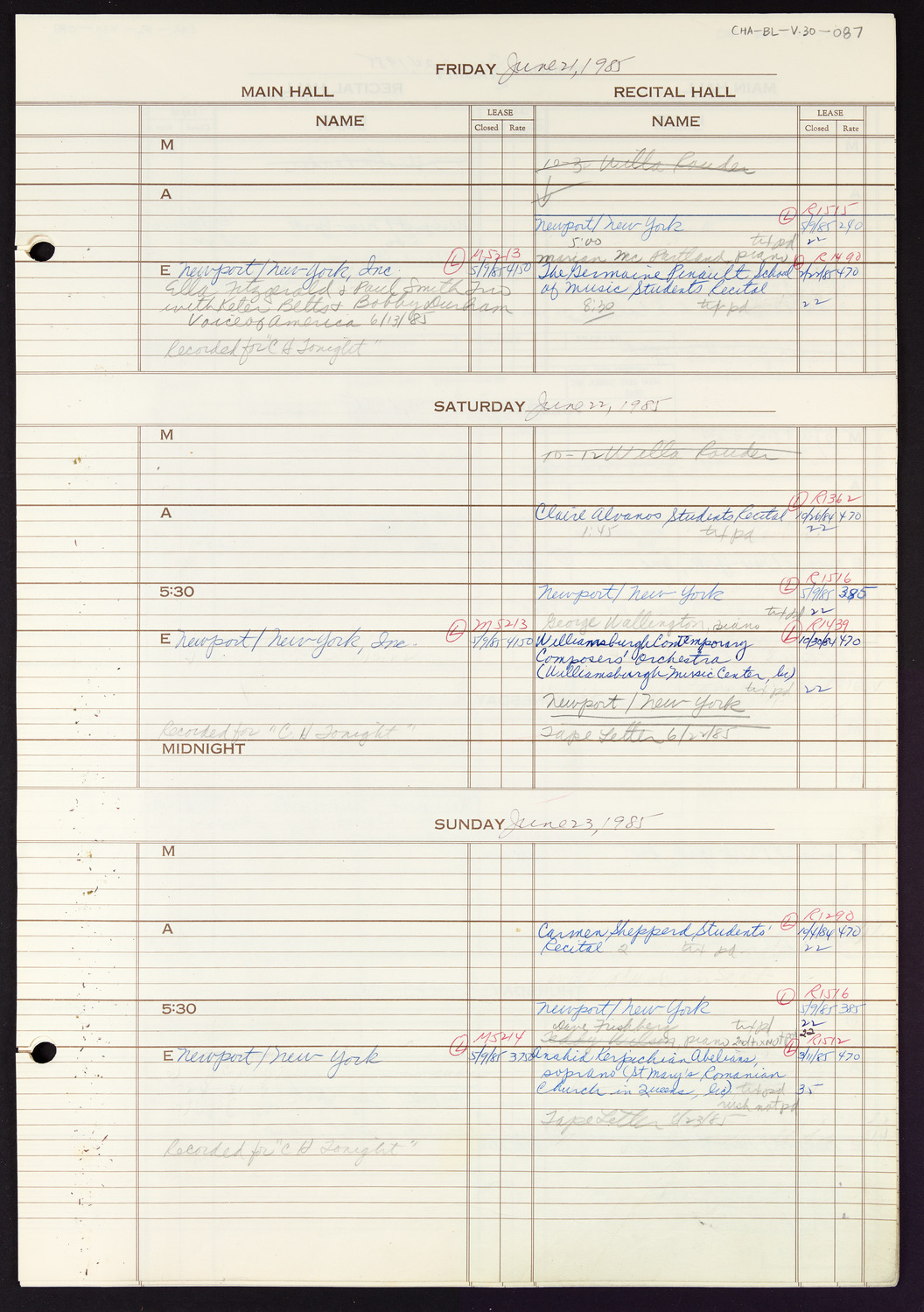 Carnegie Hall Booking Ledger, volume 30, page 87