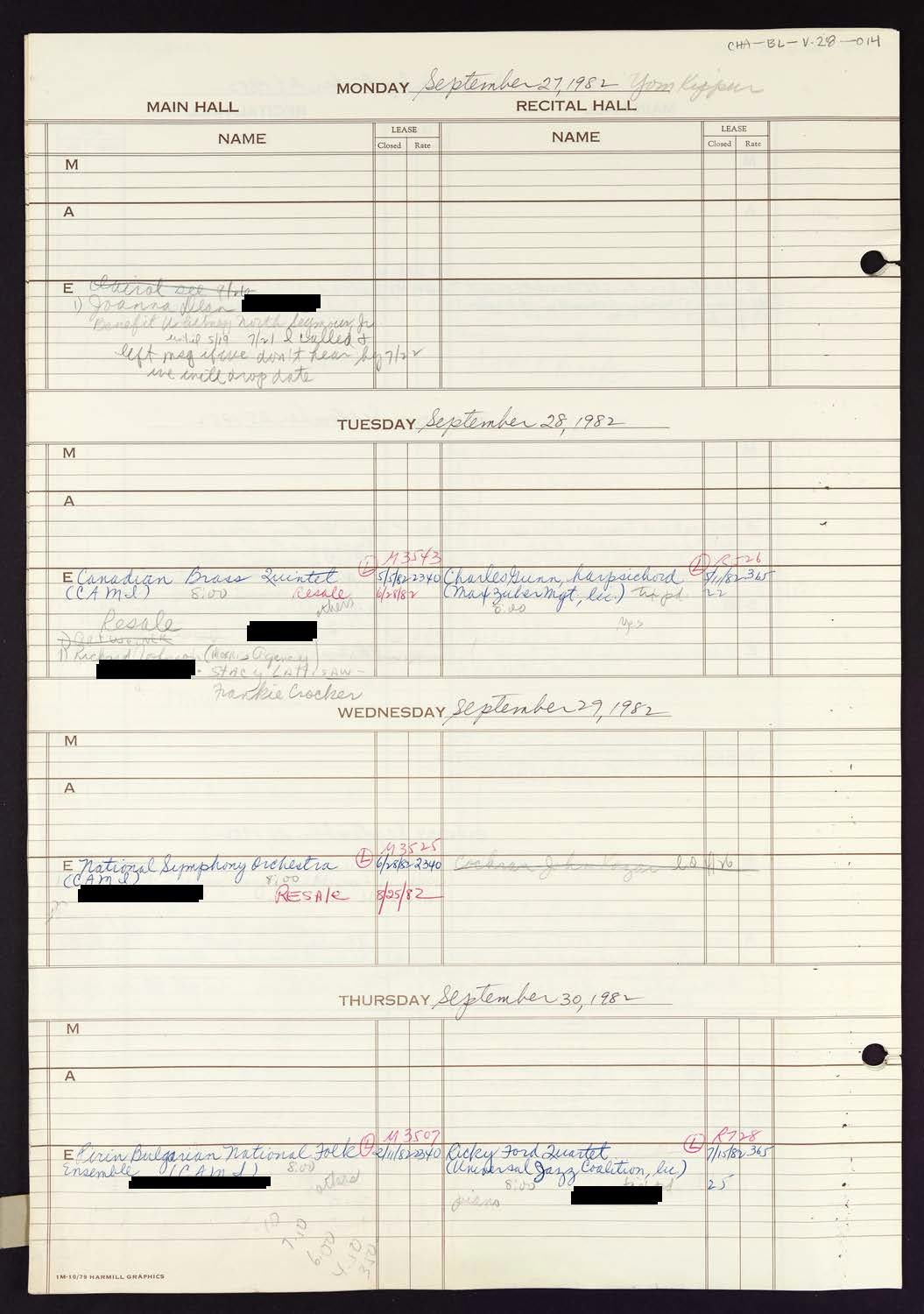 Carnegie Hall Booking Ledger, volume 28, page 14