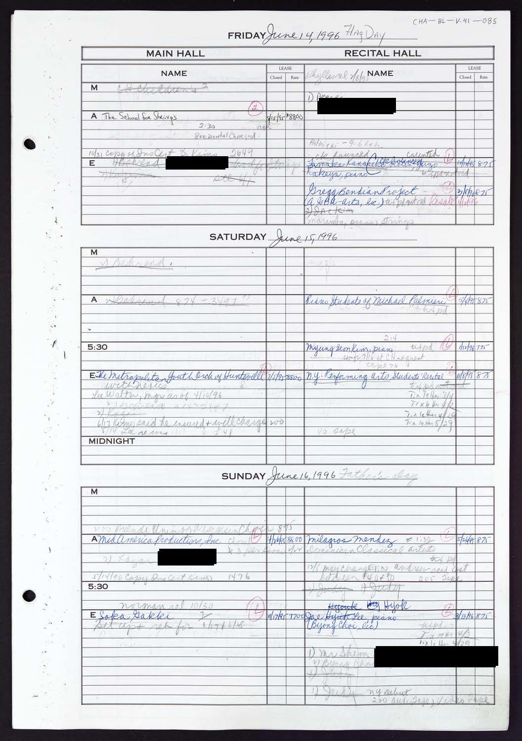 Carnegie Hall Booking Ledger, volume 41, page 85