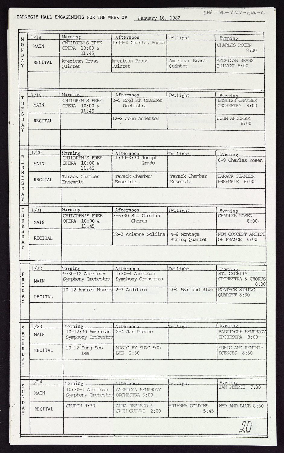 Carnegie Hall Booking Ledger, volume 27, page 44a