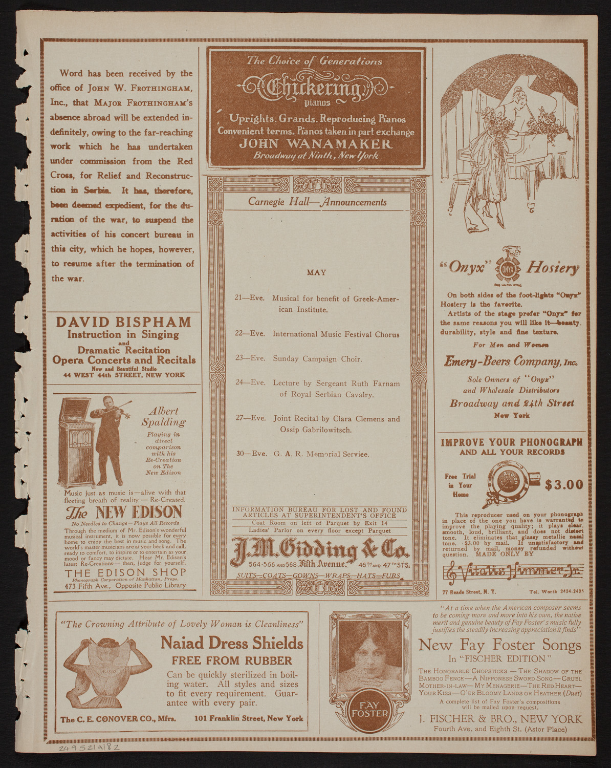 Josef Hofmann, Piano, May 21, 1918, program page 3