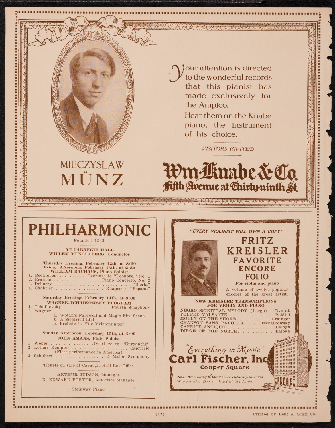 Fritz Kreisler, Violin, February 8, 1925, program page 12