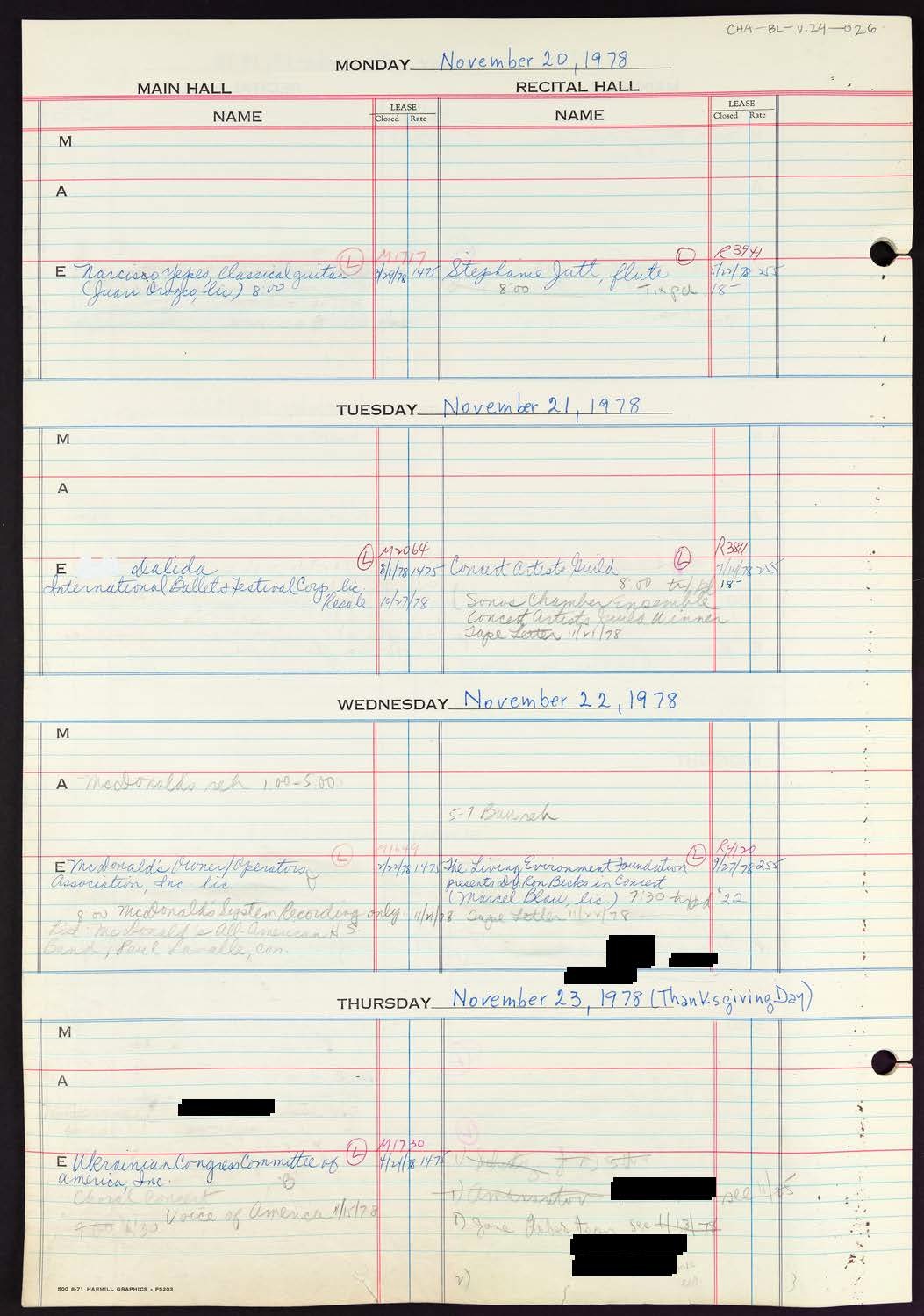 Carnegie Hall Booking Ledger, volume 24, page 26