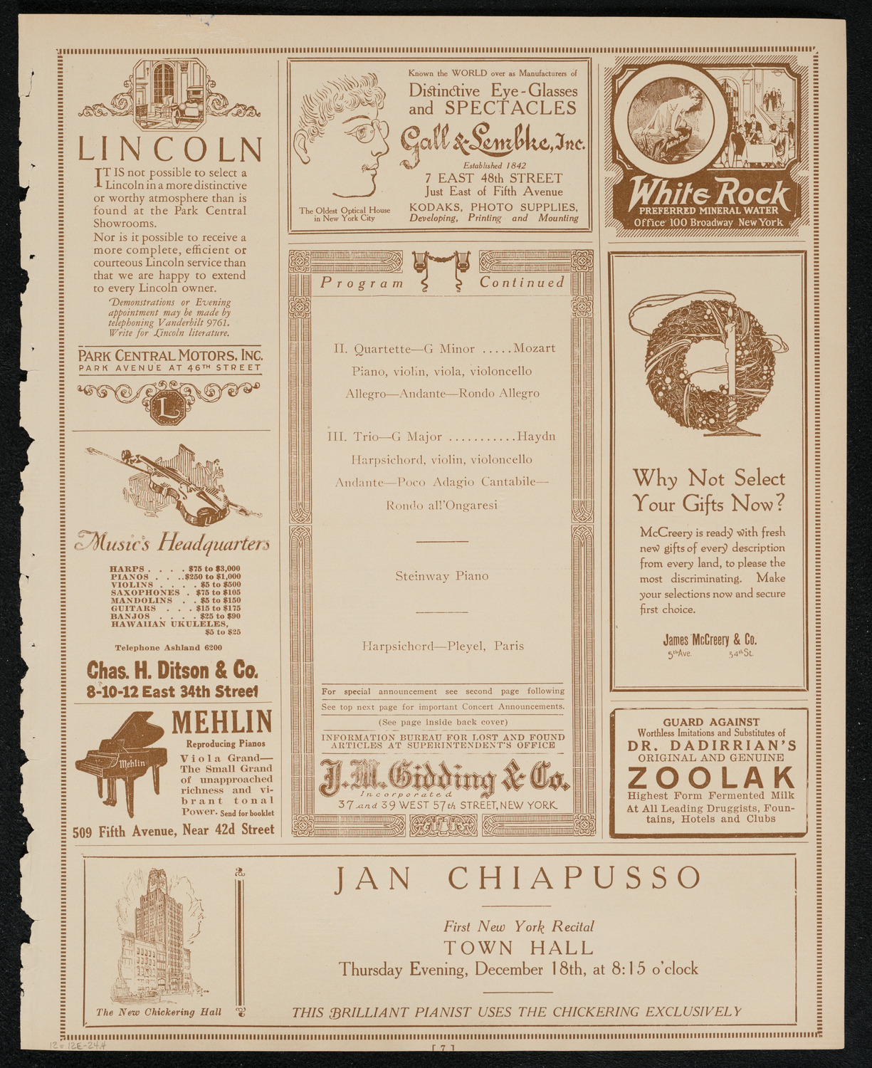 Wanda Landowska, Paul Kochanski, Rene Pollain, and Evsei Beloussoff, December 12, 1924, program page 7