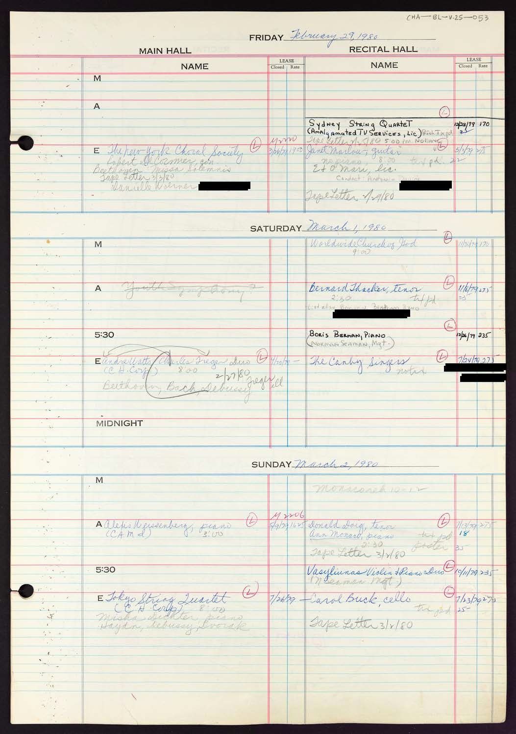 Carnegie Hall Booking Ledger, volume 25, page 53