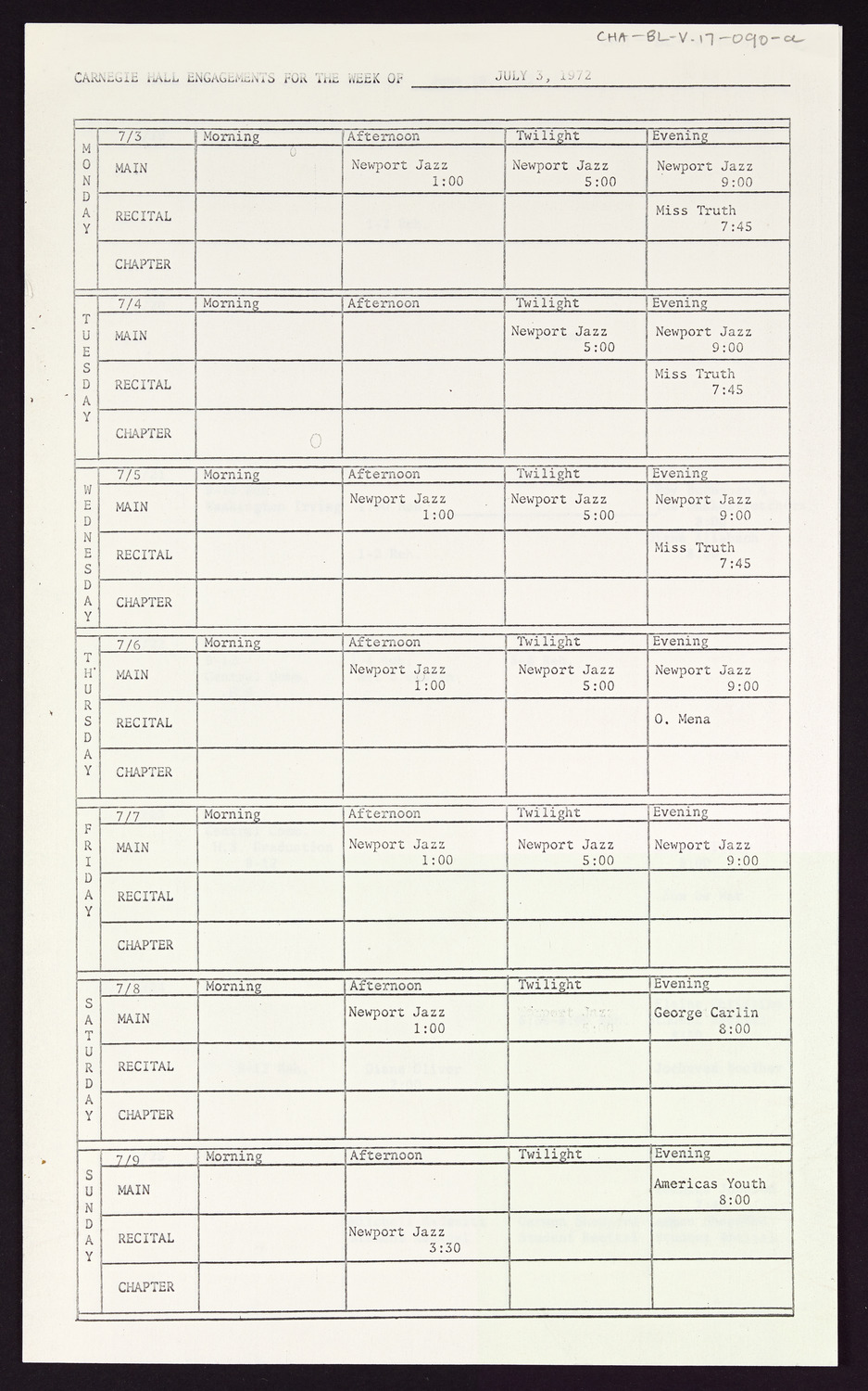 Carnegie Hall Booking Ledger, volume 17, page 90a