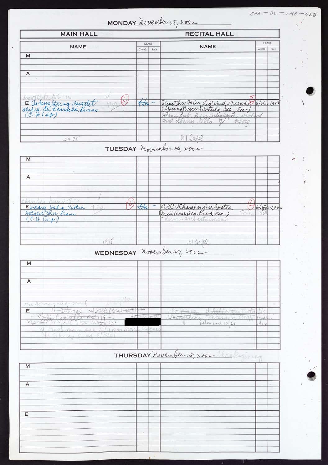 Carnegie Hall Booking Ledger, volume 48, page 28