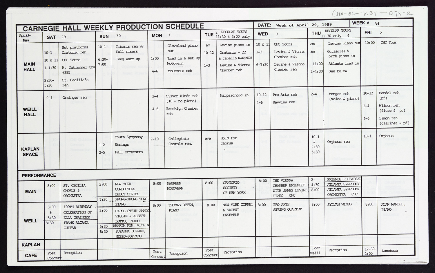 Carnegie Hall Booking Ledger, volume 34, page 73a